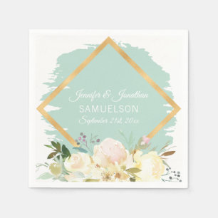 Serviette En Papier Aquarelle Floral Mint Vert Gold Frame Mariage