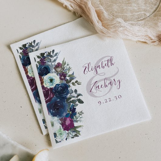 Serviette En Papier Aquarelle Floral Plum Marine Mariage bleu
