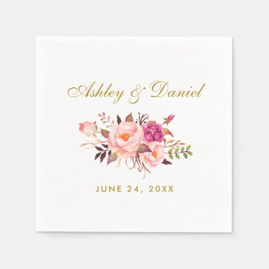Serviette En Papier Aquarelle Floral Rose Blush Mariage or (Devant)