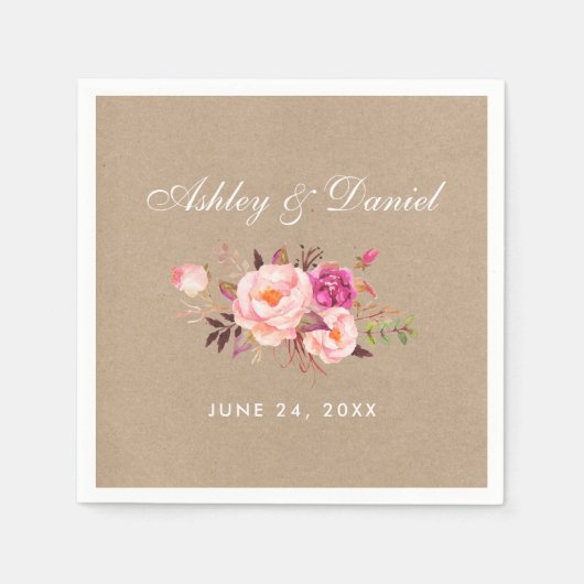 Serviette En Papier Aquarelle Floral rose Mariage Kraft (Devant)