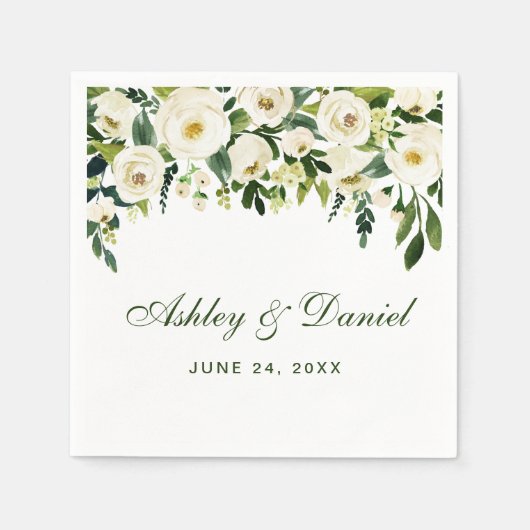 Serviette En Papier Aquarelle Floral Vert et blanc Mariage (Devant)