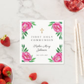 Serviette En Papier Aquarelle florale Peonies roses Première communion (En situation)