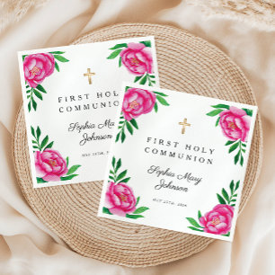 Serviette En Papier Aquarelle florale Pivoines roses Première communio