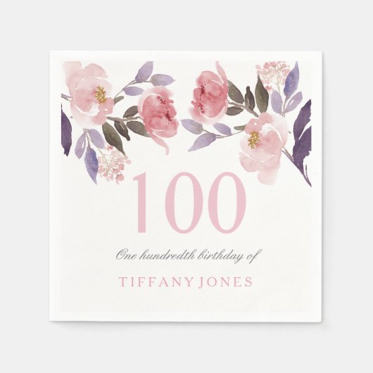 Serviette En Papier Aquarelle florale rose Peach 100e anniversaire (Devant)