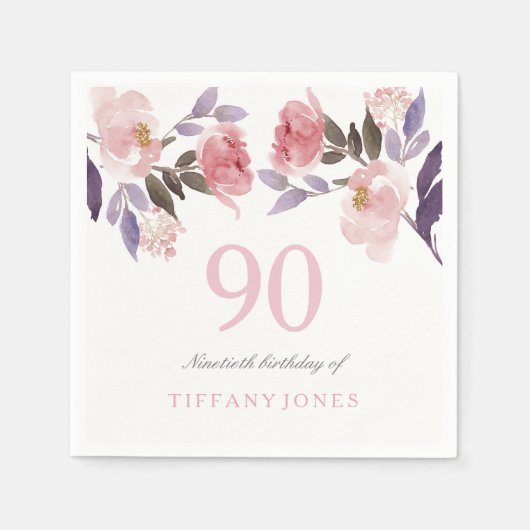 Serviette En Papier Aquarelle florale rose Peach 90e anniversaire (Devant)