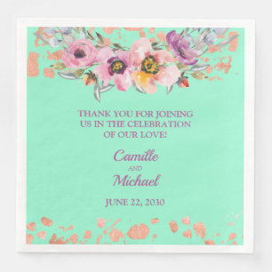 Serviette En Papier Aquarelle Florale sur Neo Mint avec or Rose