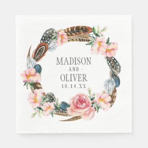 Serviette En Papier Aquarelle Florale Wreath avec plumes   MARIAGE