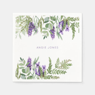Serviette En Papier Aquarelle Foliage & Lavande Nom personnalisé