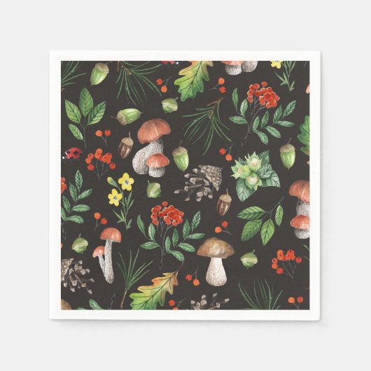 Serviette En Papier Aquarelle Forêt Champignons Fleurs Feuilles | (Devant)