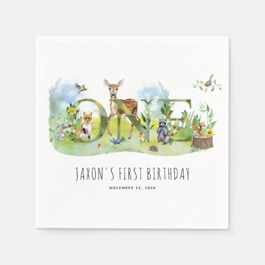Serviette En Papier Aquarelle Forêt forestière Animaux 1er anniversair (Devant)