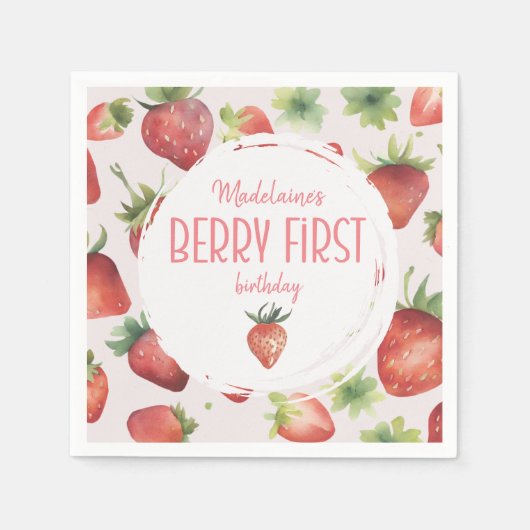 Serviette En Papier Aquarelle fraise 1er Berry Premier anniversaire (Devant)