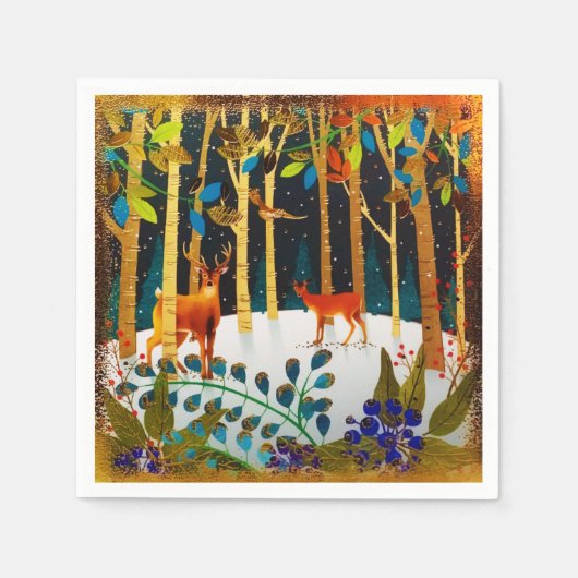 Serviette En Papier Aquarelle Gold Cosy Winter Deer Forest (Devant)