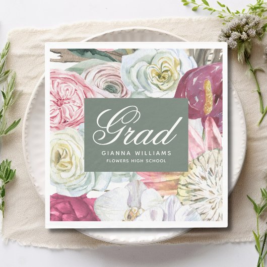 Serviette En Papier Aquarelle Grad Floral Élégant Graduation Moderne