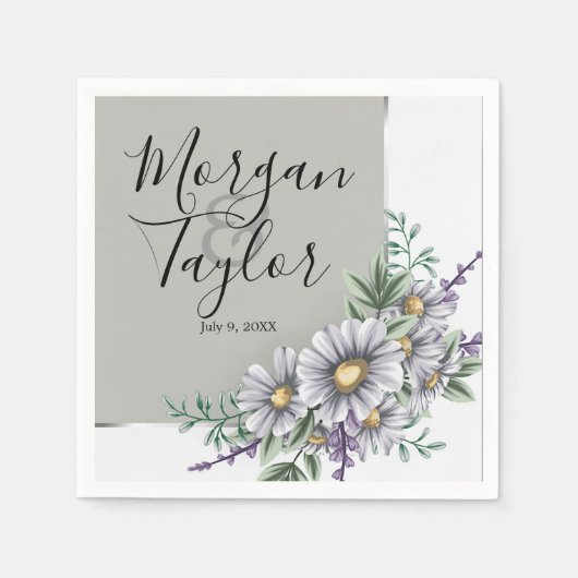 Serviette En Papier Aquarelle gris et violet Fleurs (Devant)