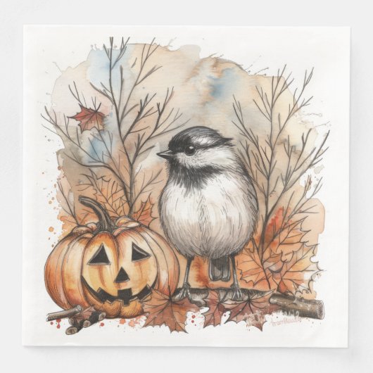 Serviette En Papier Aquarelle Halloween Chickadee Bird pour Découpage (Devant)