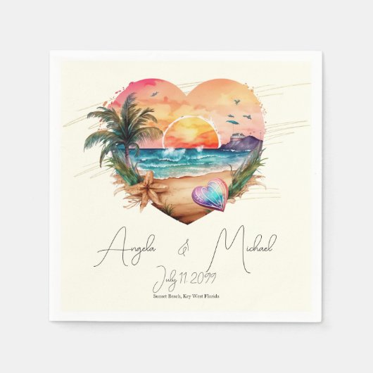 Serviette En Papier Aquarelle Hawaii Beach Sunset Heart Mariage (Devant)