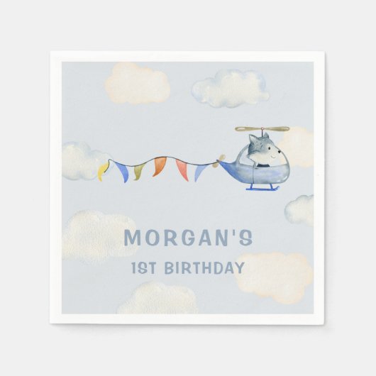 Serviette En Papier Aquarelle Hélicoptère mignon Loup premier annivers (Devant)