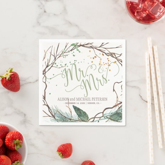 Serviette En Papier Aquarelle hiver couronne m. mrs script mariage (En situation)