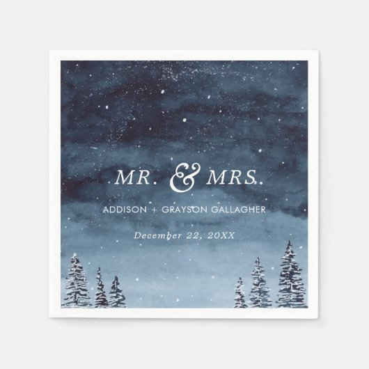 Serviette En Papier Aquarelle hiver neige Mariage bleu marine (Devant)