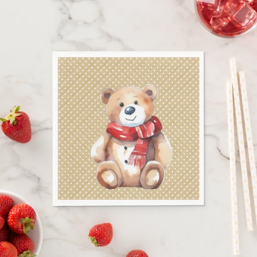 Serviette En Papier Aquarelle Hiver Ours En Teddy Sur Pois (En situation)