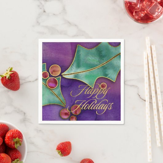 Serviette En Papier Aquarelle Holly Berries Gold Happy Holidays (En situation)