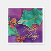 Serviette En Papier Aquarelle Holly Berries Gold Happy Holidays (Devant)