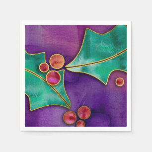 Serviette En Papier Aquarelle Holly Berries Or violet rouge vert