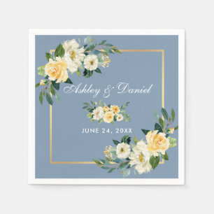 Serviette En Papier Aquarelle Jaune Floral Dusty Blue Mariage
