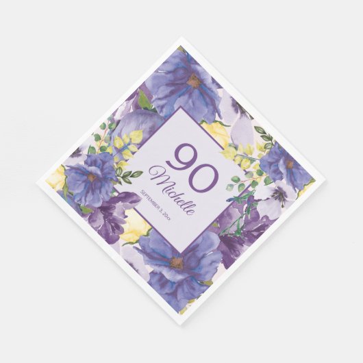 Serviette En Papier Aquarelle jaune pourpre Floral 90e anniversaire (Coin)