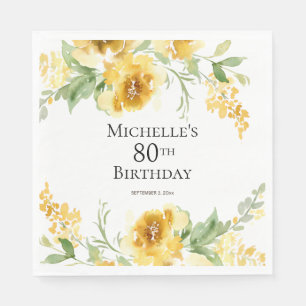 Serviette En Papier Aquarelle Jaune Verdure Florale 80e anniversaire