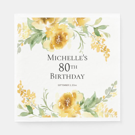 Serviette En Papier Aquarelle Jaune Verdure Florale 80e anniversaire (Devant)