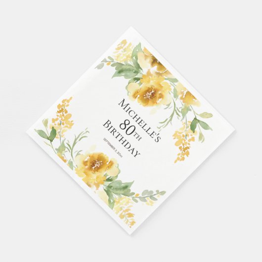 Serviette En Papier Aquarelle Jaune Verdure Florale 80e anniversaire (Coin)