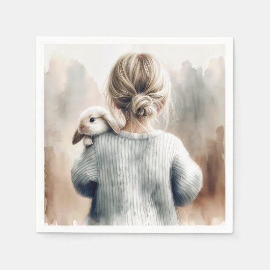 Serviette En Papier Aquarelle Jeune fille avec lapin animal (Devant)