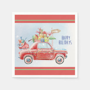 Serviette En Papier Aquarelle Joyeuses Vacances Lit Voiture Rouge   No