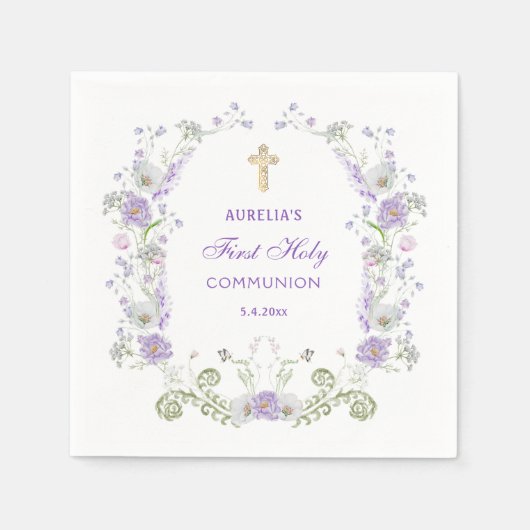 Serviette En Papier Aquarelle Lilac Fleurs Arc Première communion (Devant)
