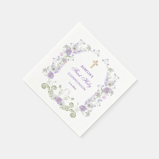 Serviette En Papier Aquarelle Lilac Fleurs Arc Première communion (Coin)
