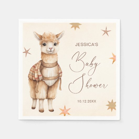 Serviette En Papier Aquarelle Llama Boho Baby shower beige (Devant)