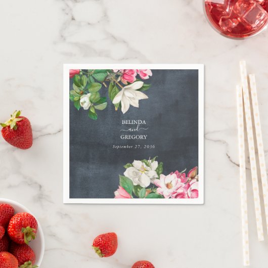 Serviette En Papier Aquarelle Magnolia Fleurs Mariage Noir Blanc (En situation)