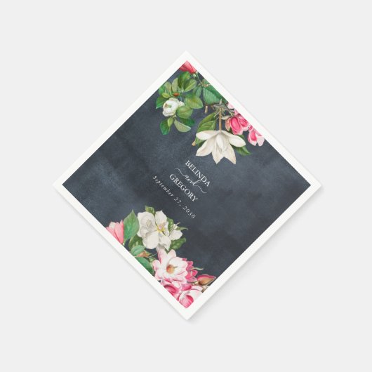 Serviette En Papier Aquarelle Magnolia Fleurs Mariage Noir Blanc (Coin)