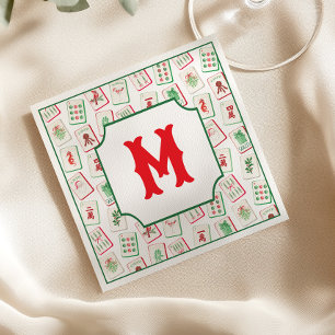 Serviette En Papier Aquarelle Mahjong Rouge & Vert Noël Monogramme