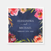 Serviette En Papier Aquarelle mariage bleu floral élégant (Devant)