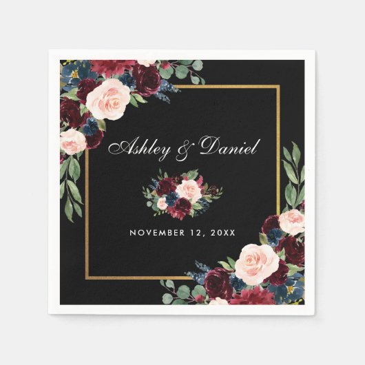 Serviette En Papier Aquarelle mariage Bourgogne Floral Noir Or (Devant)