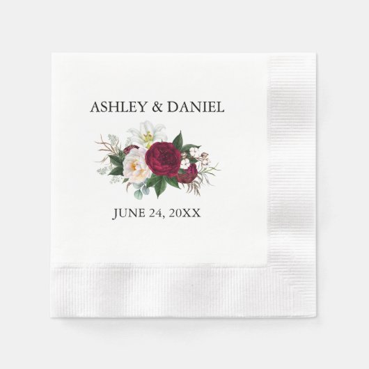 Serviette En Papier Aquarelle mariage Bourgogne Flore Vert (Devant)