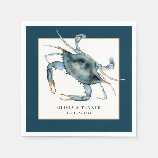 Serviette En Papier Aquarelle Mariage côtier de crabe bleu (Devant)