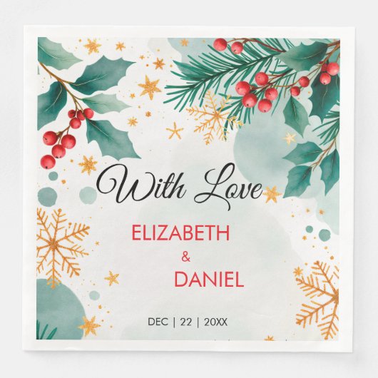 Serviette En Papier Aquarelle Mariage de Noël avec Holly (Devant)