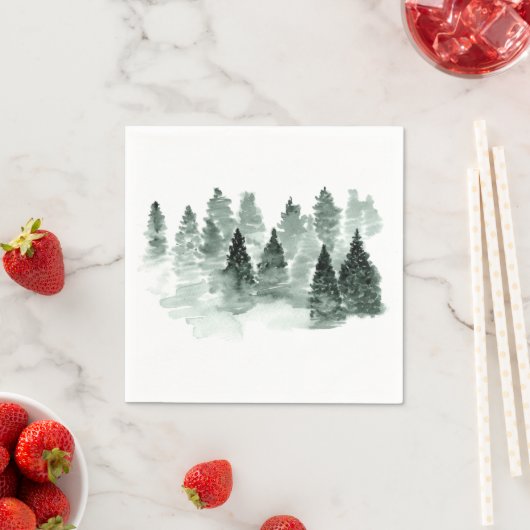 Serviette En Papier Aquarelle Mariage forestier vert et blanc (En situation)