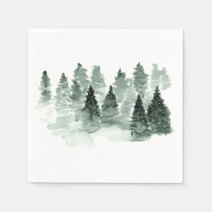 Serviette En Papier Aquarelle Mariage forestier vert et blanc