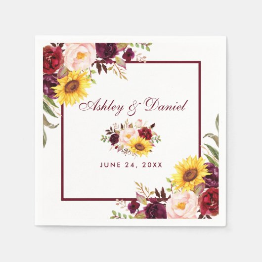 Serviette En Papier Aquarelle mariage Mixte Florale Bourgogne Cadre (Devant)