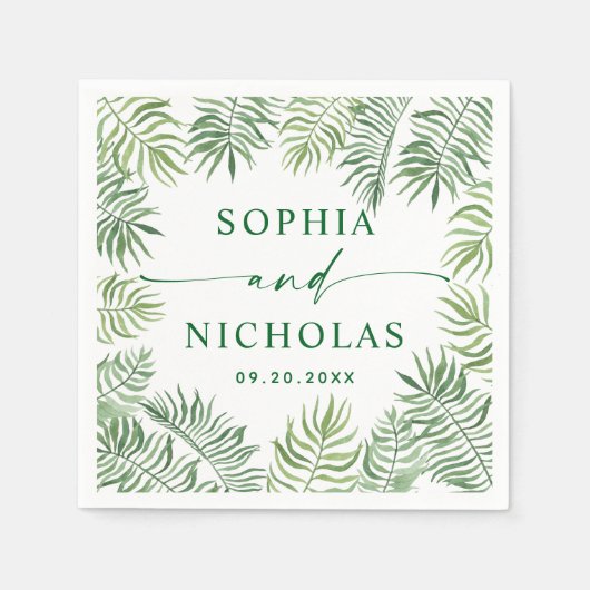 Serviette En Papier Aquarelle mariage tropical verdure palme script (Devant)