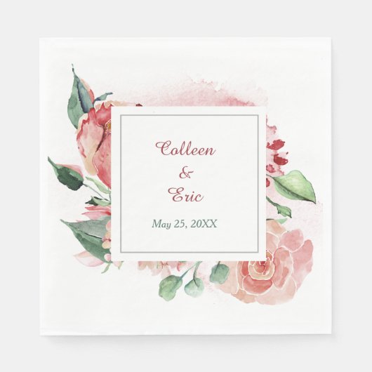 Serviette En Papier Aquarelle Marsala Rouge Mariage Floral (Devant)